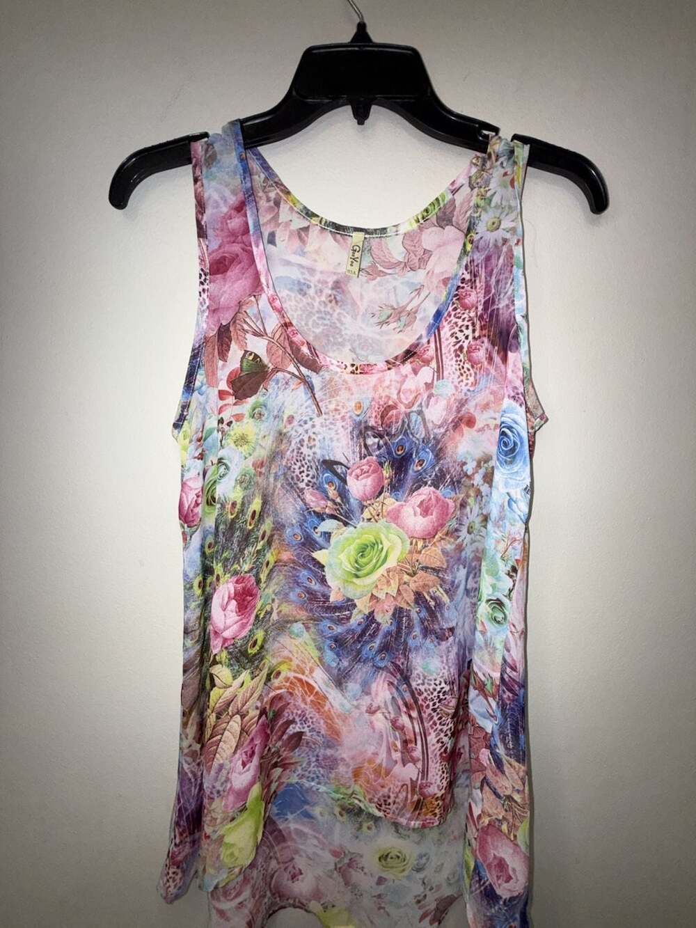 Goo Yoo Floral and Peacock Feather Print Chiffon Tank Top